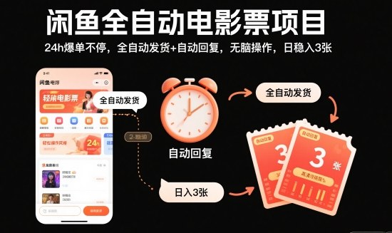 闲鱼全自动电影票项目，24h爆单不停，全自动发货+自动回复，无脑操作，日稳入3张【揭秘】-资源站