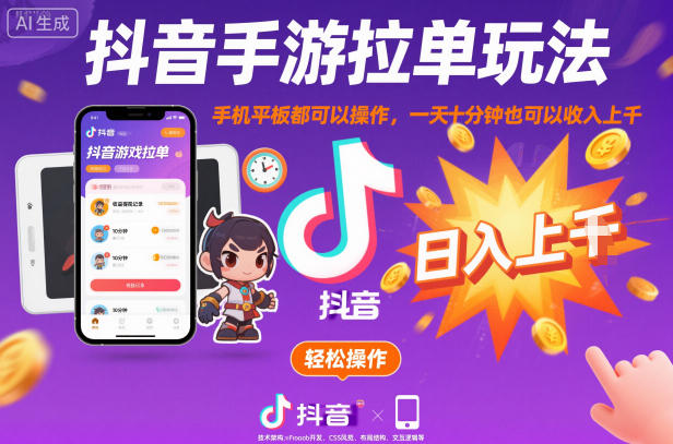 抖音手游拉单玩法，手机平板都可以操作，一天十分钟也可以收入上K【揭秘】-资源站