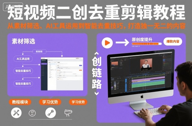 短视频二创去重剪辑教程,从素材筛选、AI工具运用到智能去重技巧,打造独一无二的内容-资源站