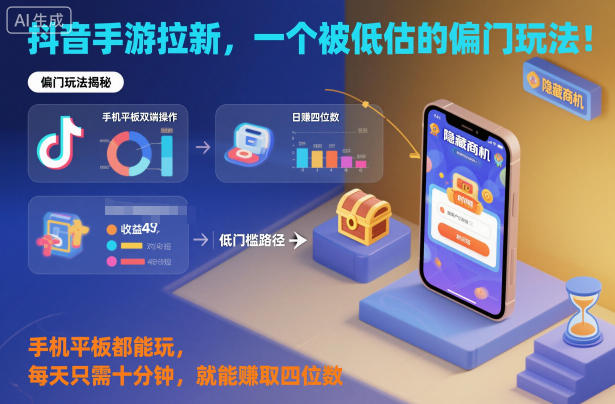 抖音手游拉新,一个被低估的偏门玩法!手机平板都能玩,每天只需十分钟,就能賺取四位数【揭秘】-资源站