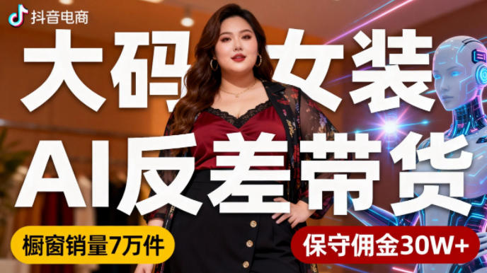 抖音小众赛道,大码女装AI反差带货,不用直播,每天6条作品,橱窗卖7万件,保守佣金30W+-资源站
