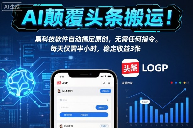 AI颠覆头条搬运！黑科技软件自动搞定原创，无需任何指令。每天仅需半小时，稳定收益3张【揭秘】-资源站