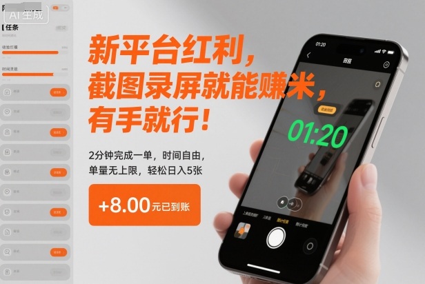 新平台红利，截图录屏就能賺米，有手就行！2分钟完成一单，时间自由，单量无上限，轻松日入5张【揭秘】-资源站
