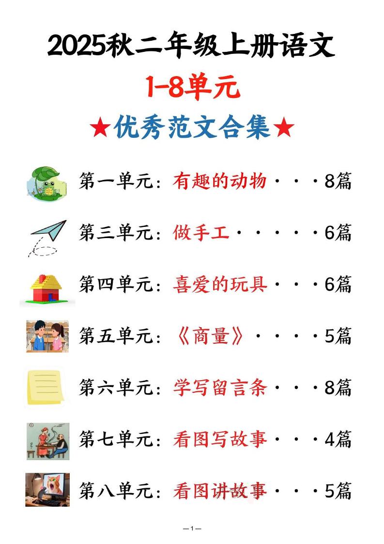 25秋二上语文1-8单元优秀范文合集（22页）-资源站