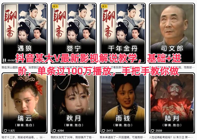 抖音某大V最新影视解说教学，基础+进阶，单条过100万播放，手把手教你做-资源站