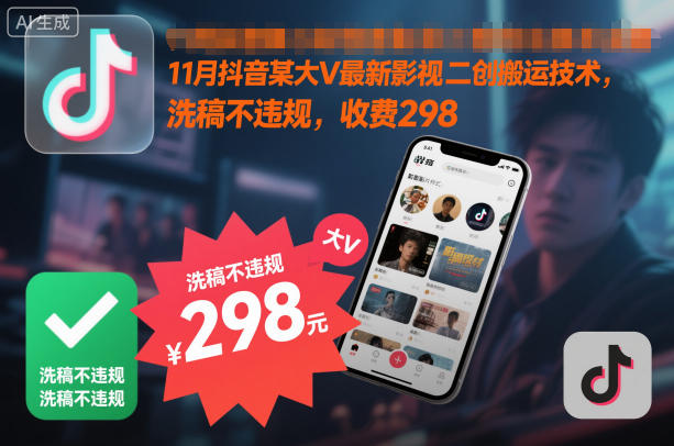 11月抖音某大V最新影视二创搬运技术，洗稿不违规，收费298-资源站