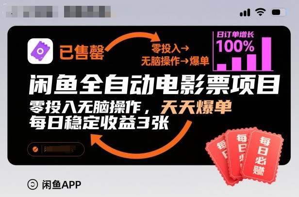 闲鱼全自动电影票项目，零投入无脑操作，天天爆单，每日稳定收益3张【揭秘】-资源站