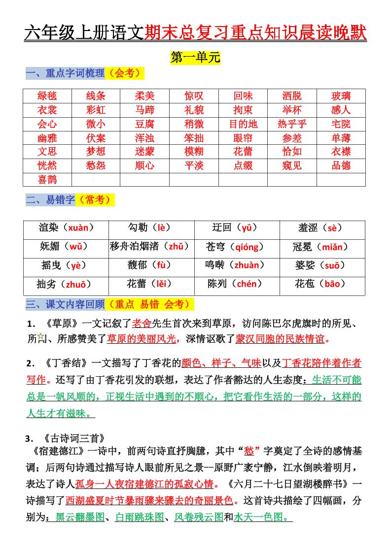 六上语文复习重点晨读单(16页)-资源站