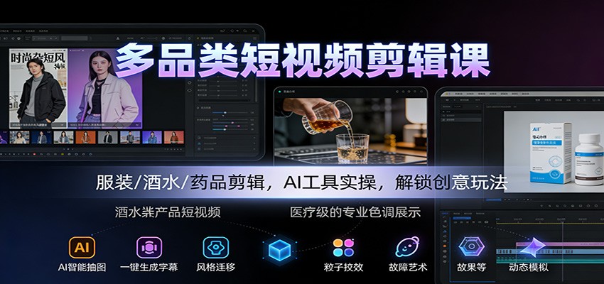多品类短视频剪辑课：服装/酒水/药品剪辑，AI工具实操，解锁创意玩法-资源站