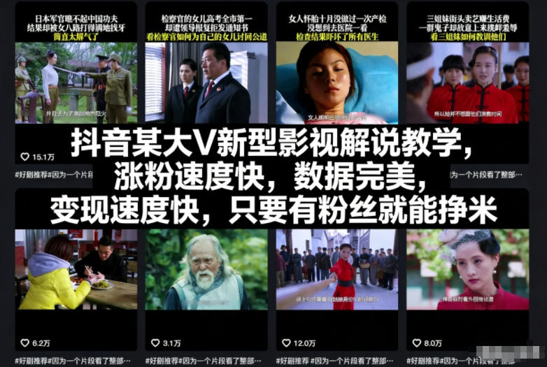 抖音某大V新型影视解说教学，涨粉速度快，数据完美，变现速度快，只要有粉丝就能挣米-资源站