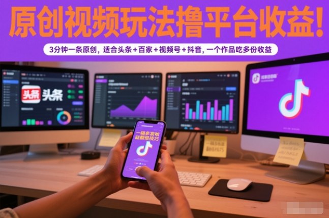 原创视频玩法撸平台收益，3分钟一条原创，适合头条+百家+视频号+抖音，一个作品吃多份收益-资源站