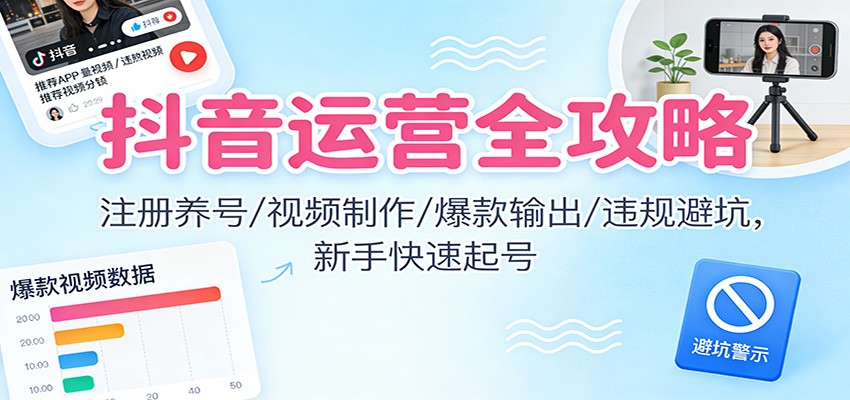 抖音运营全攻略：注册养号/视频制作/爆款输出/违规避坑，新手快速起号-资源站