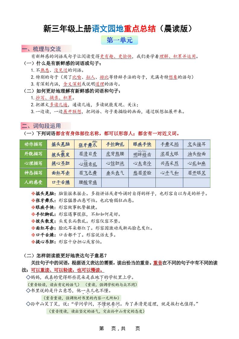 新三上语文1-8单元语文园地重点总结（晨读晚练）20页-资源站