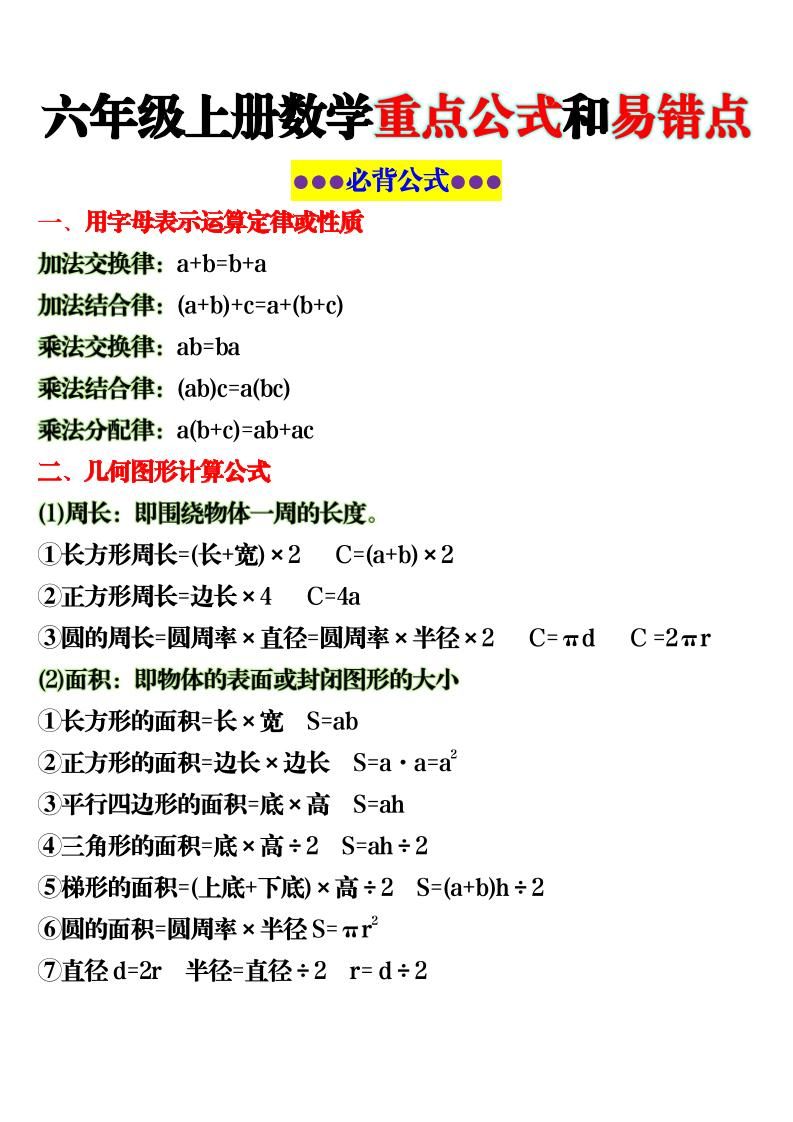 六上数学重点公式和易错点6页-资源站