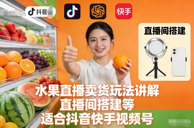 水果直播卖货玩法讲解、直播间搭建等,适合抖音快手视频号-资源站