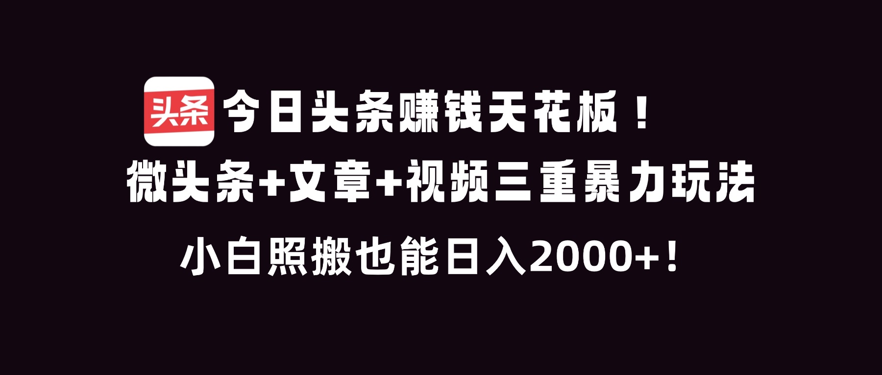 今日头条赚钱天花板!微头条+文章+视频三重暴利玩法,小白照搬也能日人2000+-资源站