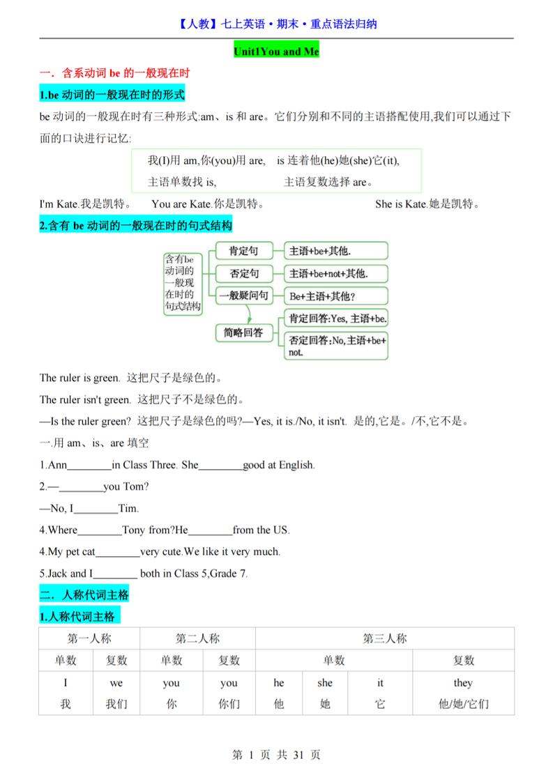 七年级上英语期末重点语法归纳（人教版）-资源站
