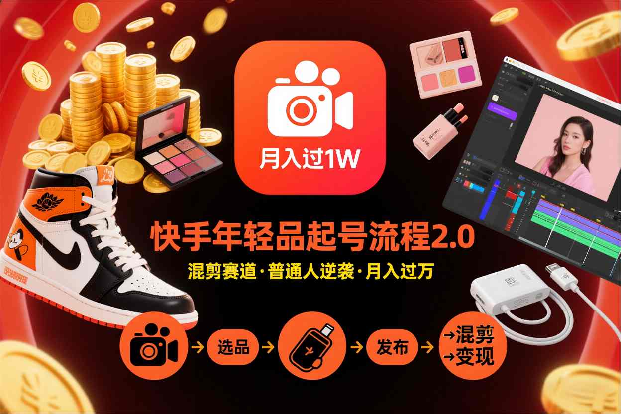快手短视频带货年轻品起号流程2.0，快手年轻品混剪赛道，普通人也能月入过1W-资源站