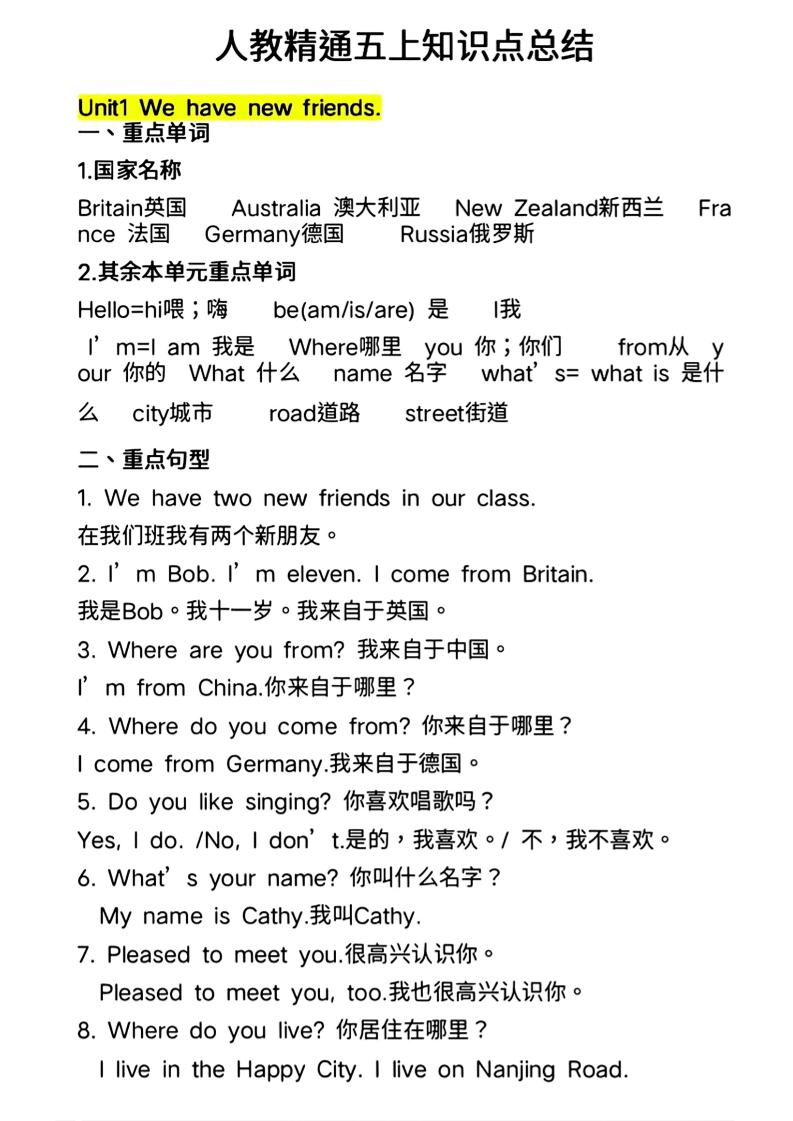 人教精通五上英语知识点总结-资源站