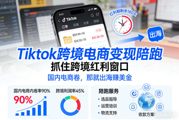 Tiktok跨境电商变现陪跑，抓住跨境红利窗口，国内电商卷，那就出海賺美金-资源站