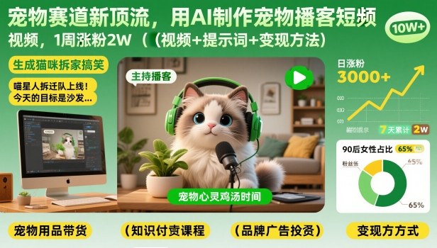 宠物赛道新顶流，用AI制作宠物播客短视频，1周涨粉2W(视频+提示词+变现方法)-资源站