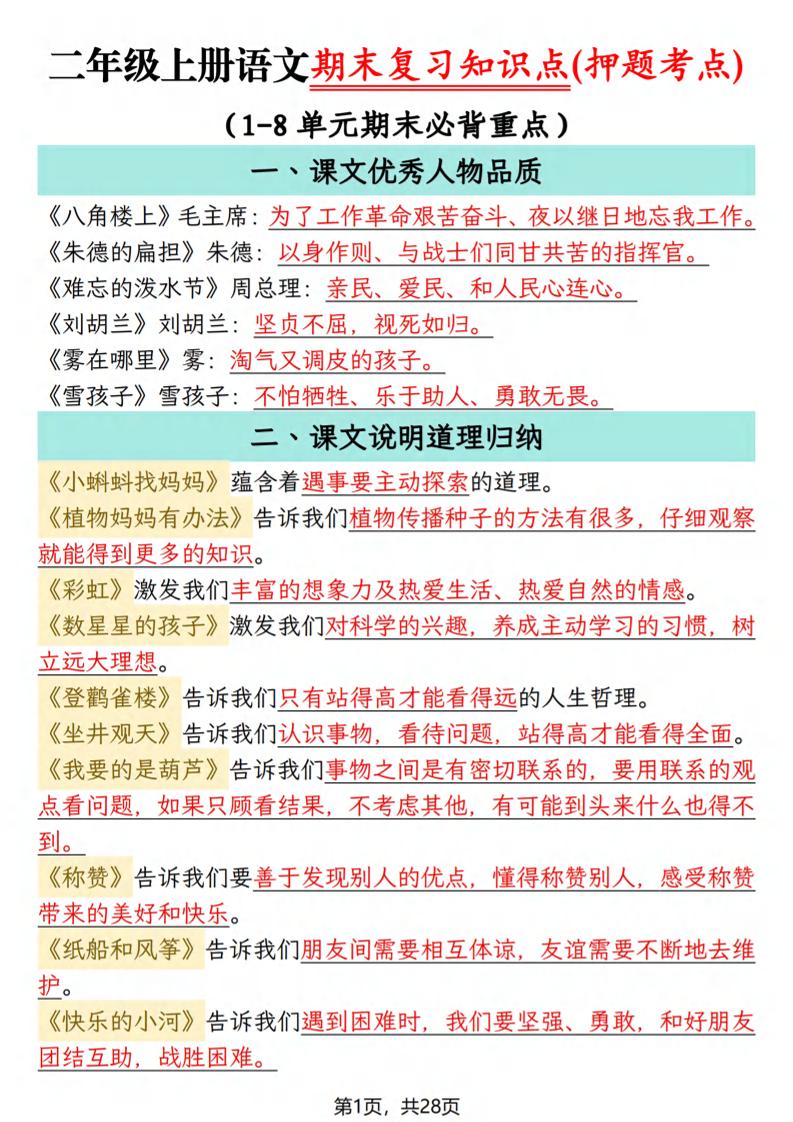 二年级上语文期末复习知识点(押题考点)-资源站