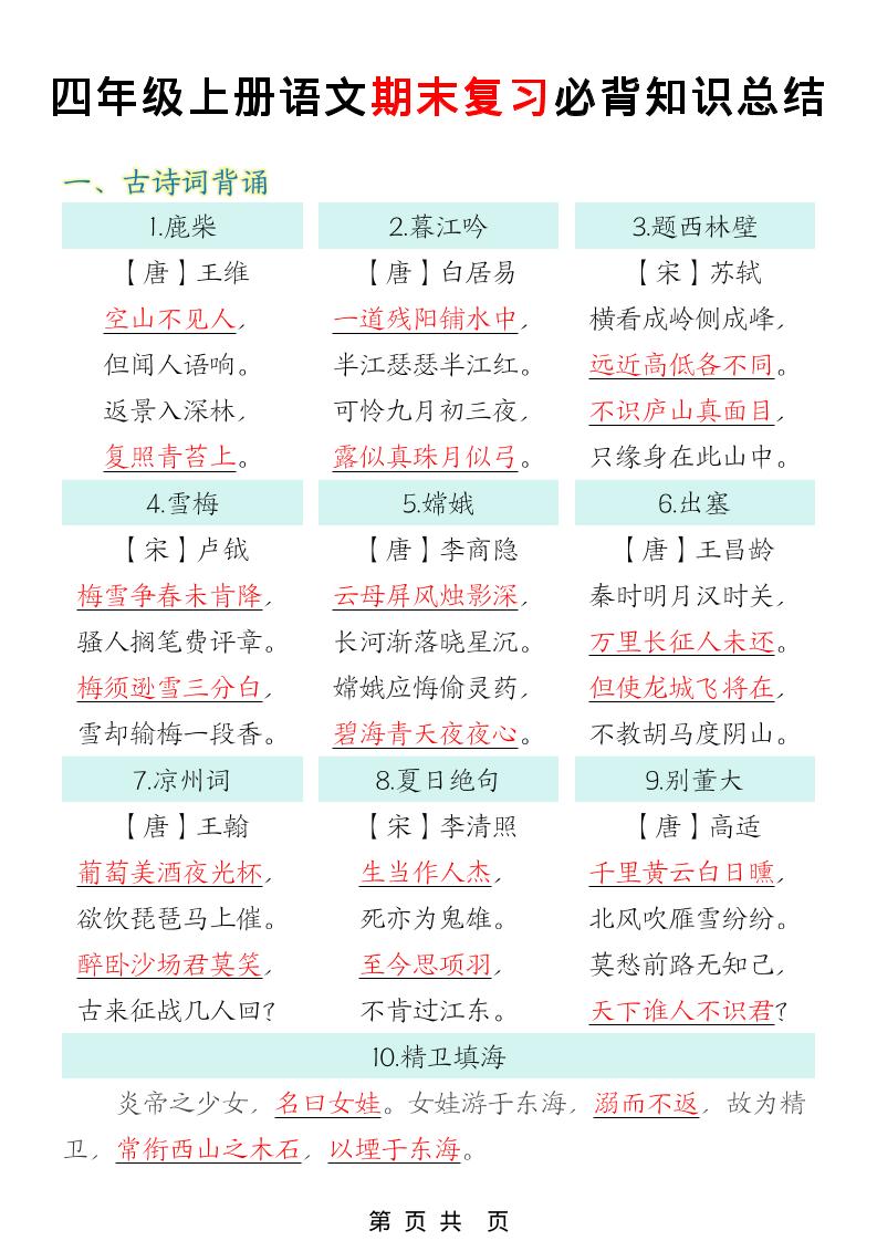 四年级上语文期末复习必背知识总结-资源站