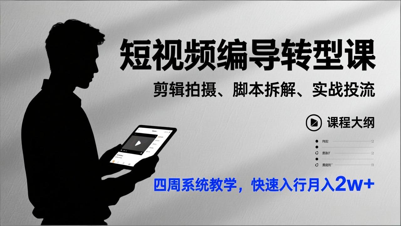 短视频编导转型课，剪辑拍摄、脚本拆解、实战投流，四周系统教学，快速入行月入2w+-资源站