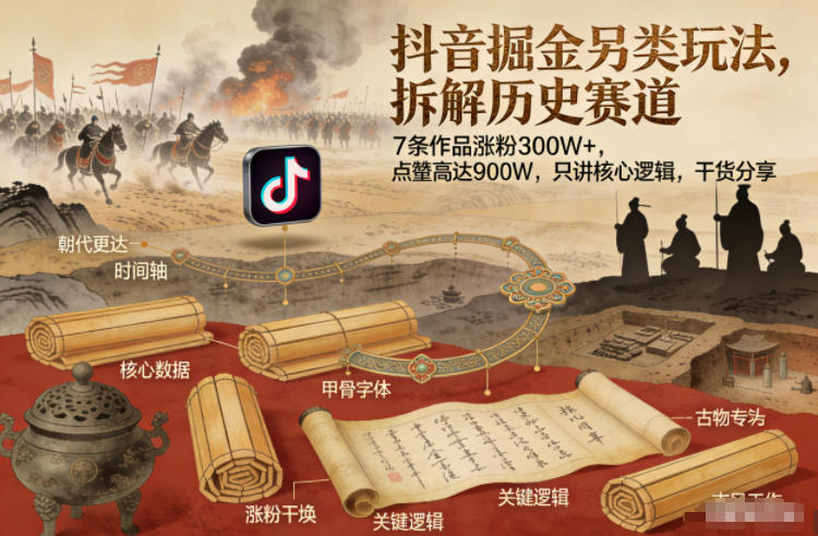 抖音掘金另类玩法，拆解历史赛道，7条作品涨粉300W+，点赞量高达900W，只讲核心逻辑，干货分享-资源站
