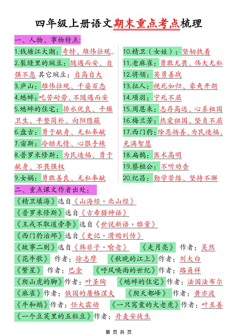 四年级上语文期末重点考点梳理-资源站