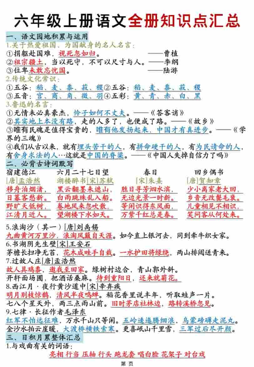 六年级上语文全册知识点汇总-资源站