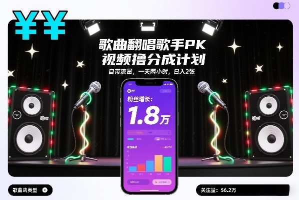歌曲翻唱歌手PK视频撸分成计划，自带流量，一天两小时，日入2张-资源站
