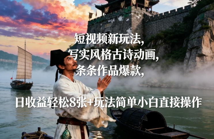 短视频新玩法，写实风格古诗动画，条条作品爆款，日收益轻松8张+玩法简单小白直接操作-资源站