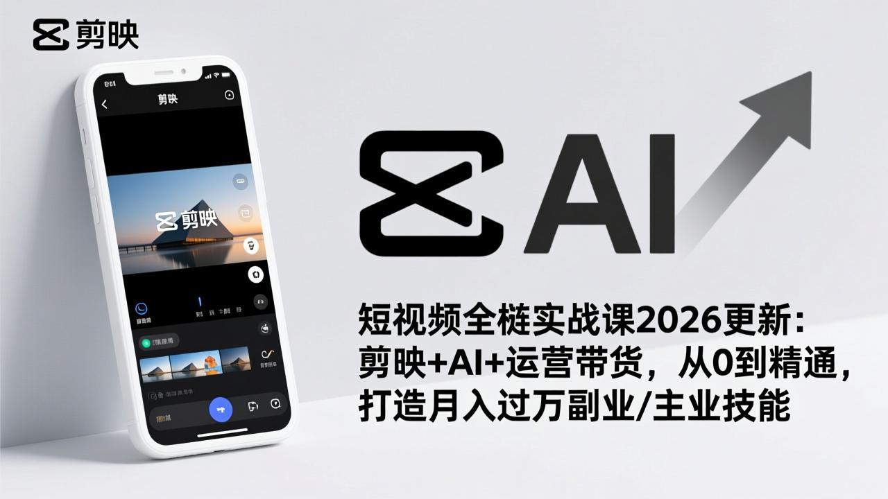 短视频全栈实战课2026更新：剪映+AI+运营带货，从0到精通，打造月入过万副业/主业技能-资源站