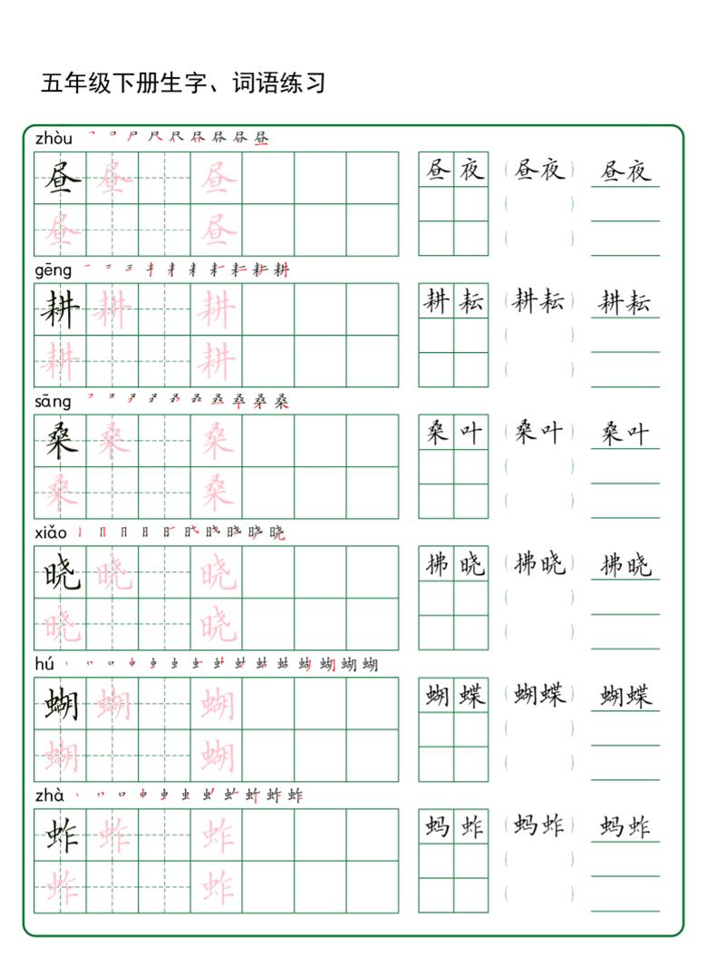 五年级下册语文生字词语练字（秋版）-资源站