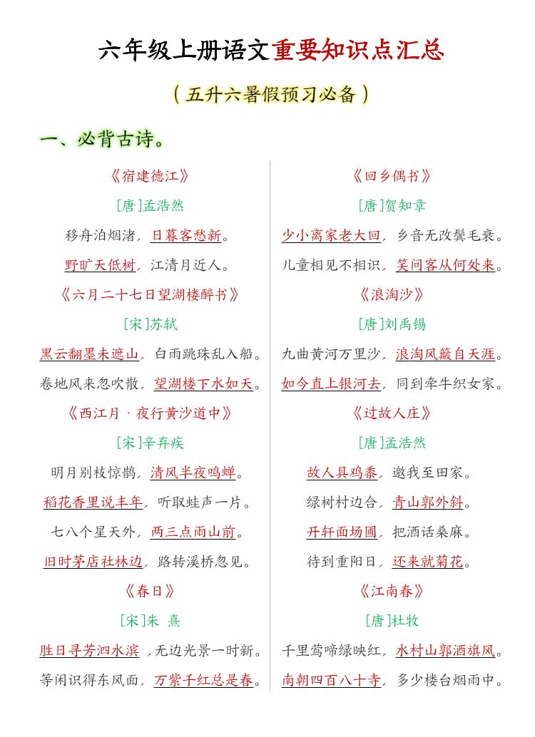 六年级上语文重要知识点汇总-资源站