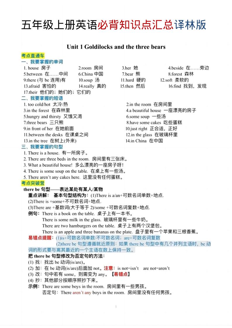 五年级上英语必背知识单《译林版》-资源站