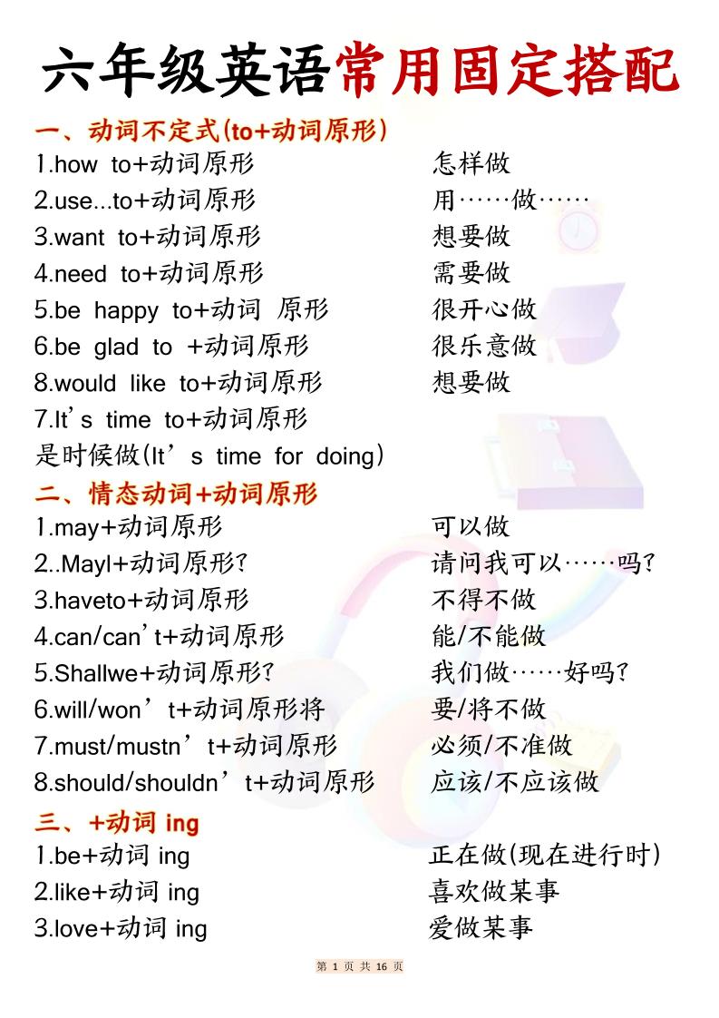 六年级上英语常用固定搭配-资源站