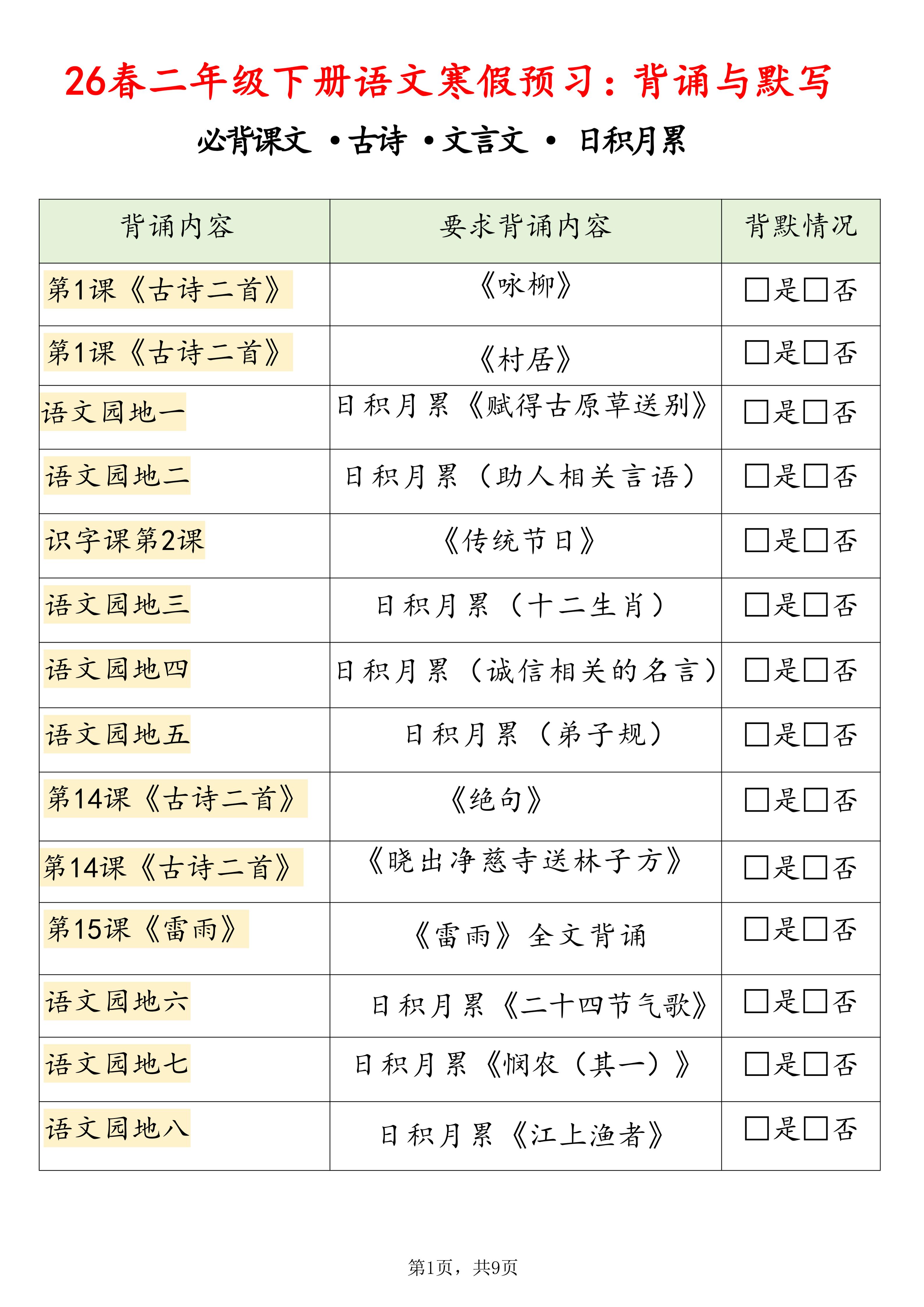 26春二下语文寒假预习背诵与默写（必背课文、古诗、文言文、日积月累）9页-资源站