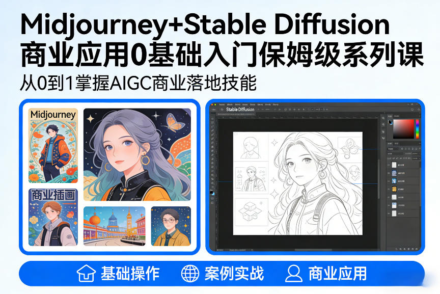 AIGC商业应用Midjourney+Stable Diffusion教程，0基础入门保姆级系列课-资源站