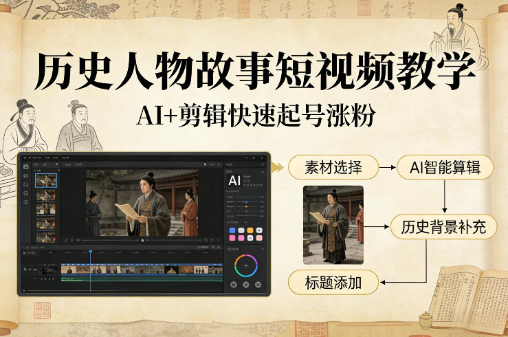 历史人物故事短视频教学，AI+剪辑制作历史人物题材短视频，快速起号涨粉-资源站