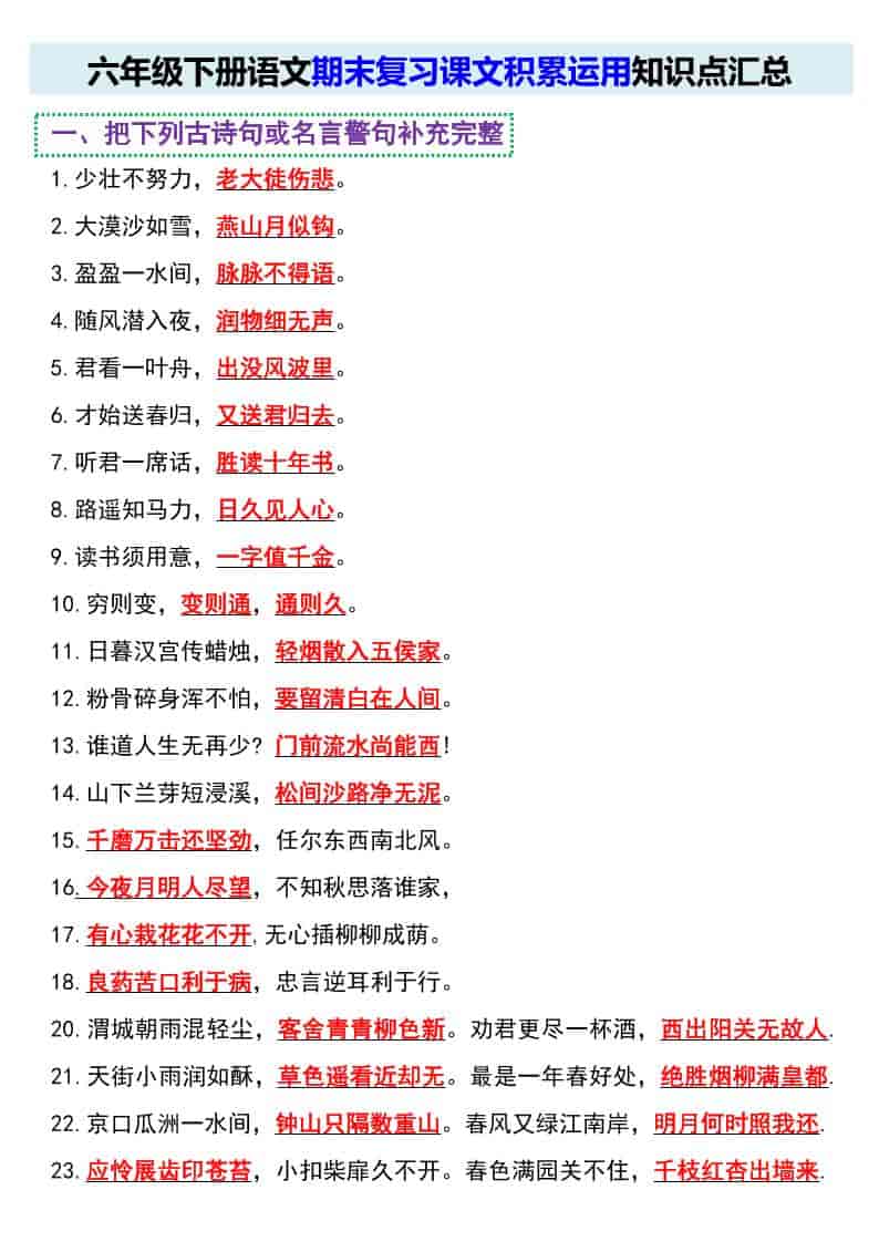 六年级下语文期末复习课文积累运用知识点汇总-资源站