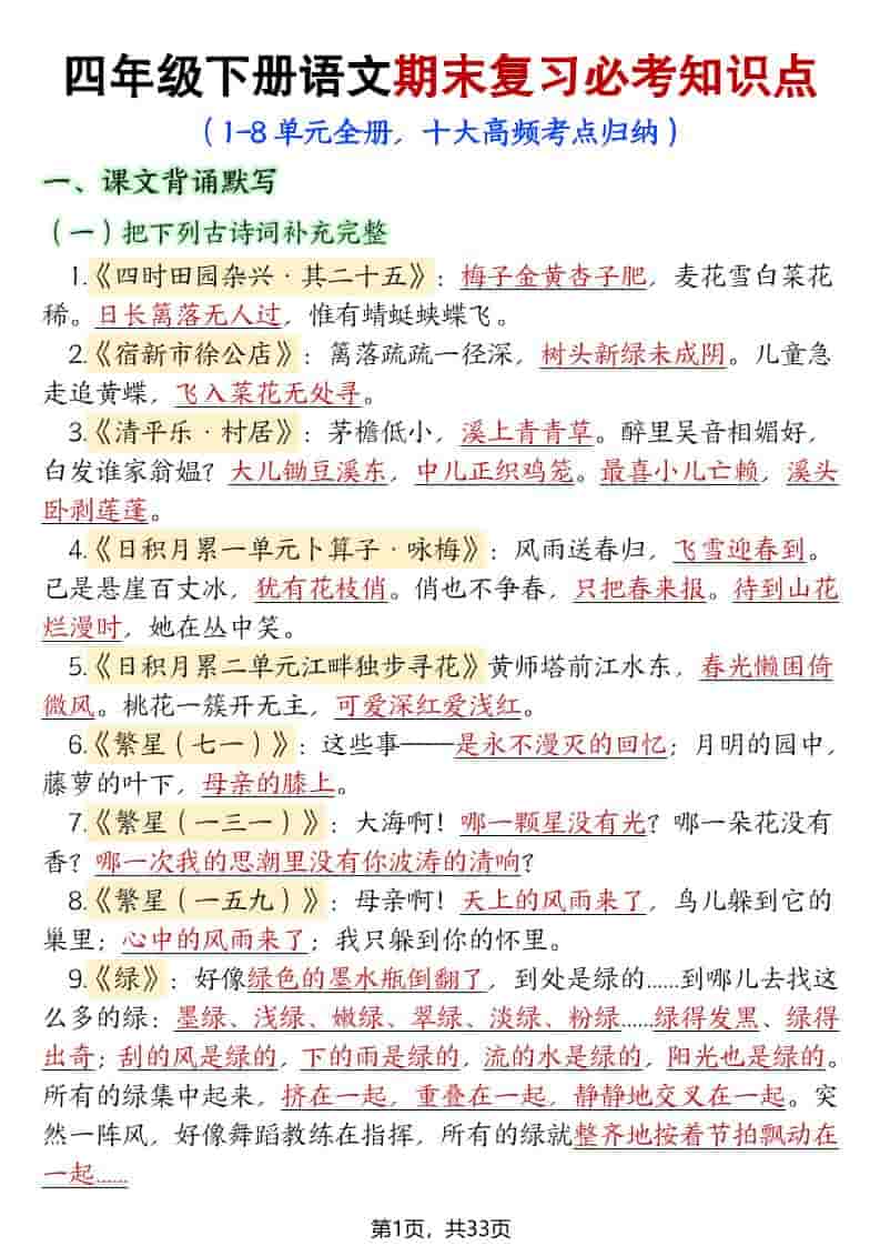 四年级下语文期末复习必考知识点（十大高频考点归纳）-资源站