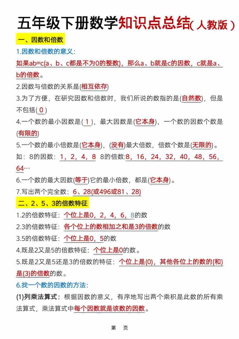 五年级下数学知识点总结《人教版》-资源站