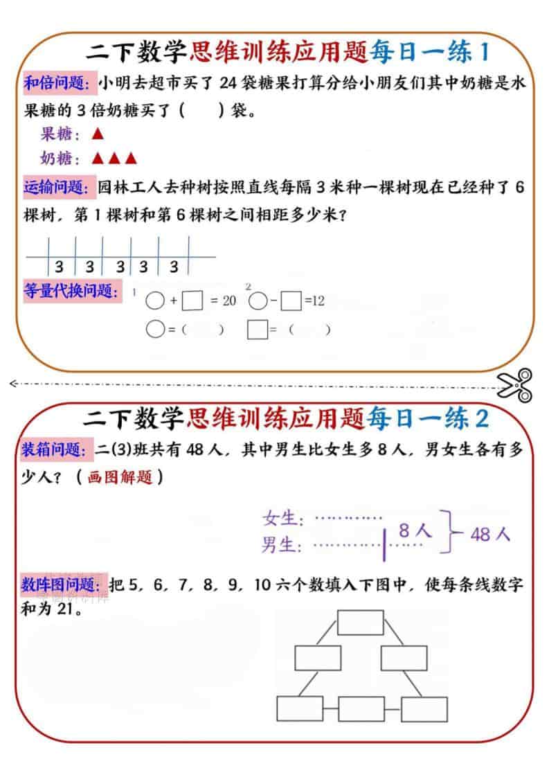 二年级下数学思维训练应用题每日一练小纸条-资源站