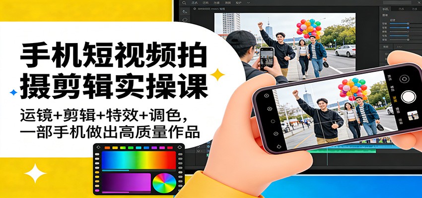 手机短视频拍摄剪辑实操课：运镜+剪辑+特效+调色，一部手机做出高质量作品-资源站