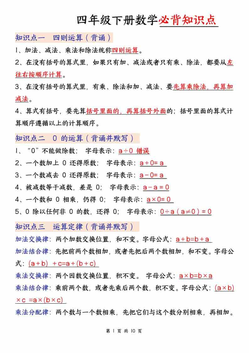 四年级下数学必背知识点,《人教版》-资源站