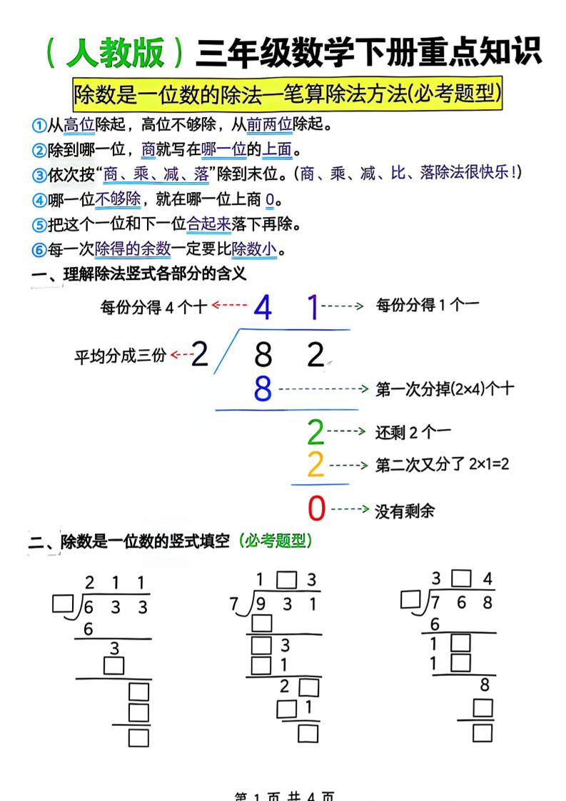 三年级下数学除数是一位数的除法—笔算除法方法(必考题型)《人教版》-资源站