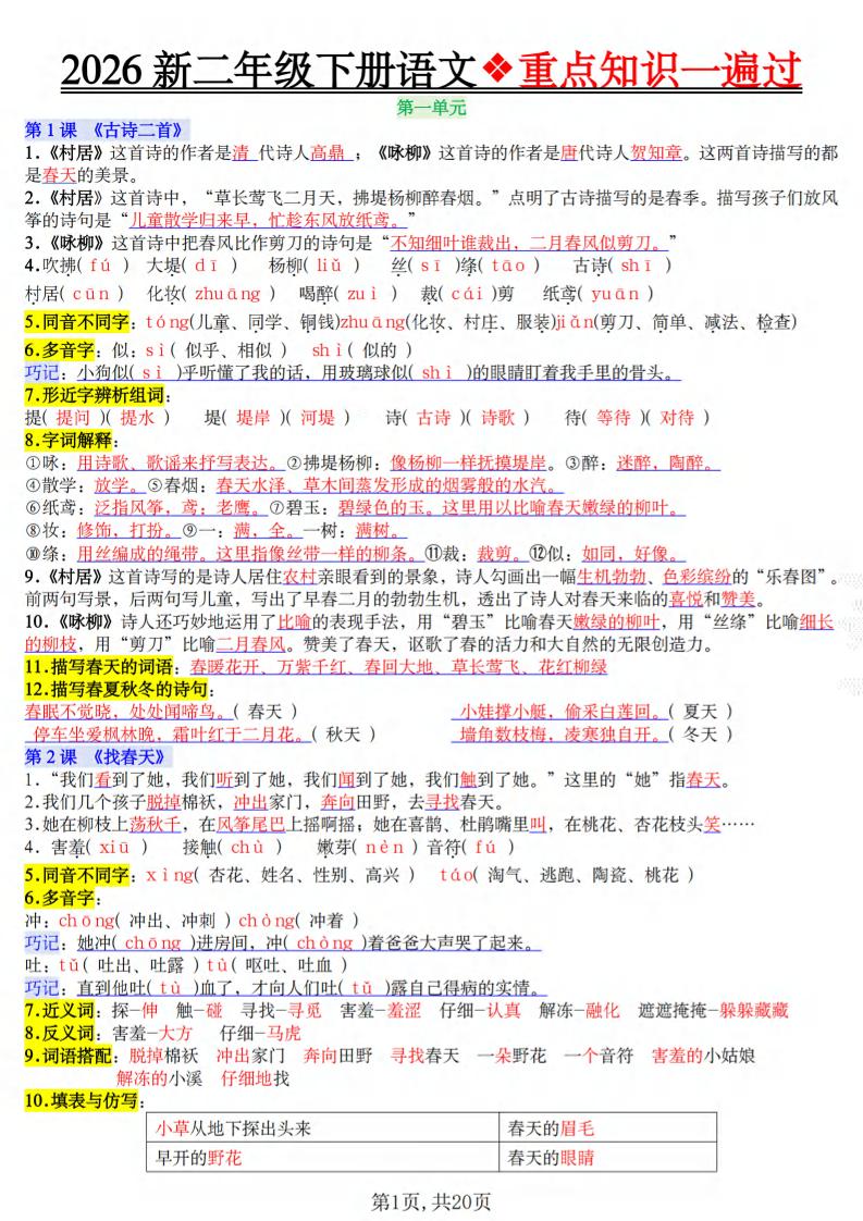二年级下语文2026春重点知识一遍过-资源站