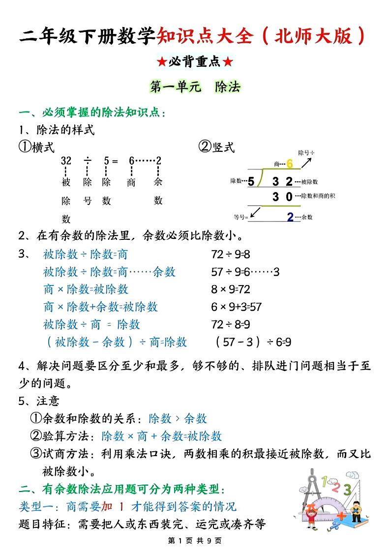二年级下数学知识点大全《北师版》-资源站